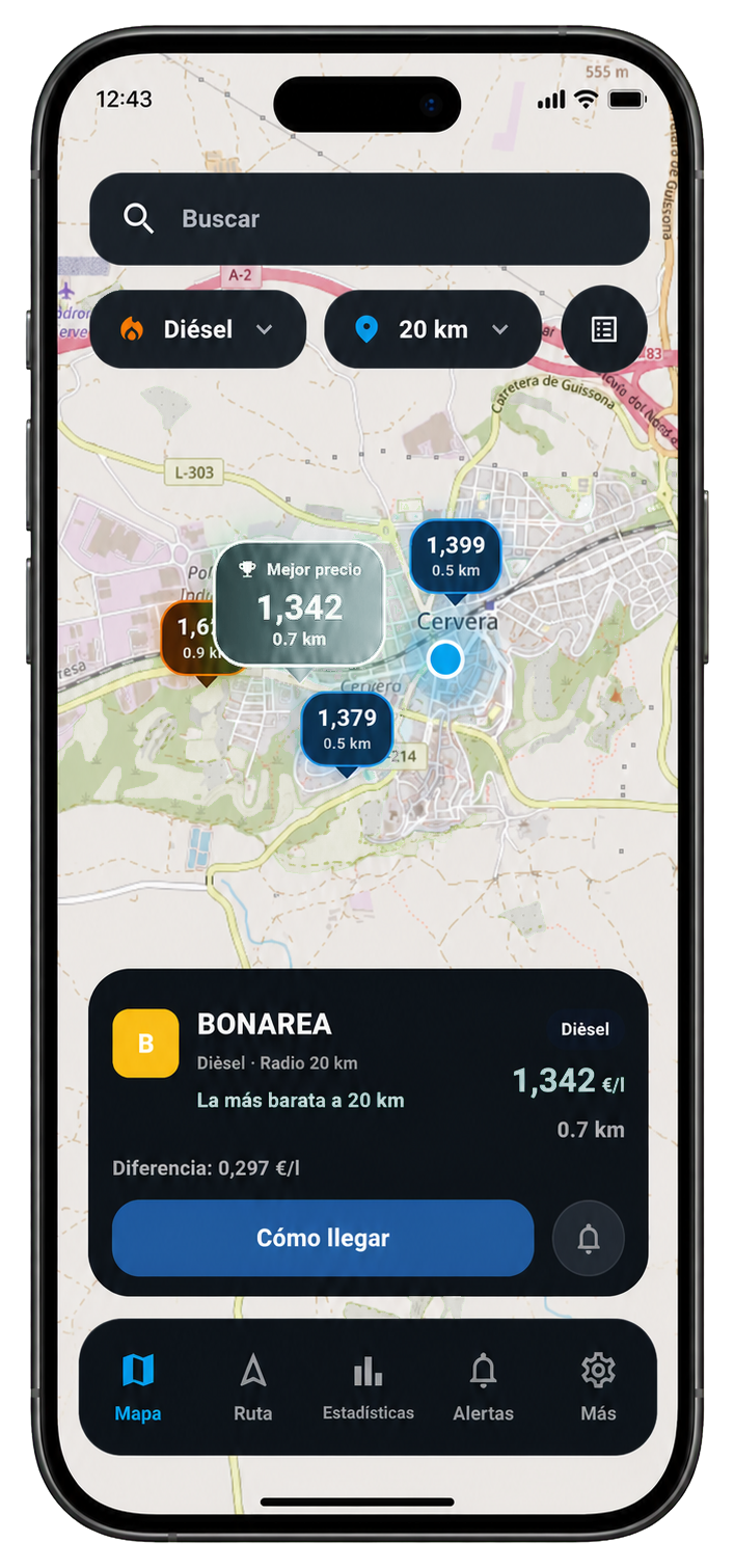 Mockup de la app Carburantes Hoy en un teléfono móvil