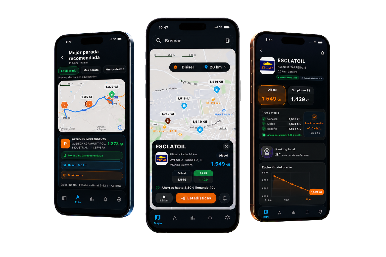 Tres pantallas de la app Carburantes Hoy con el mapa, la planificación de ruta y el detalle de una gasolinera